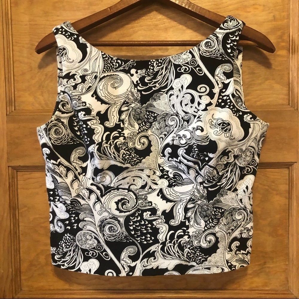 LAST CHANCE - Preston & York Boat Neck Crop Tank Top, Black & White Patterned, 6